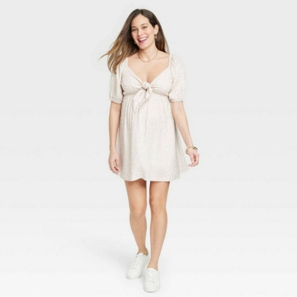 Isabel Maternity Women's Peek-A-Boo Front Tie Maternity Mini Dress, Tan, M